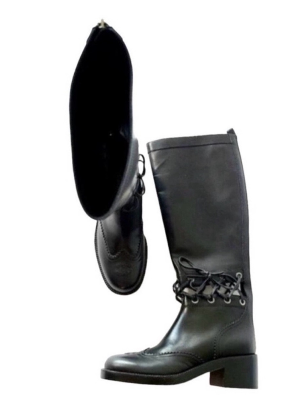 CHANEL Black Leather Knee High Lace Detail riding Boot Runway Fall 2016 - Picture 5 of 14